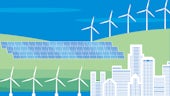 Illustration of a city using renewable energies (wind and solar)