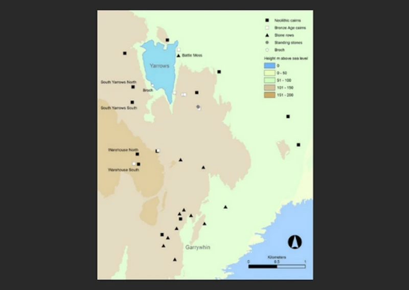 A map showing the locatiosn of the 33 archaeological sites located in the Yarrows area around and to the south of the loch. 