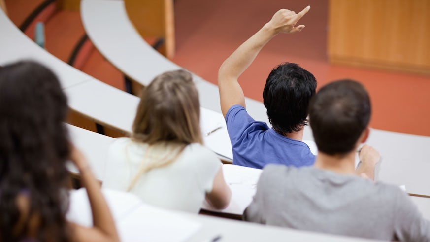 Student raising his hand in class