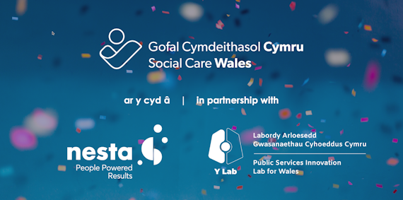 A dark blue background with blurred confetti. Logos of Social Care Wales, Nesta and Public Services Innovation Lab for Wales are depicted in white on top