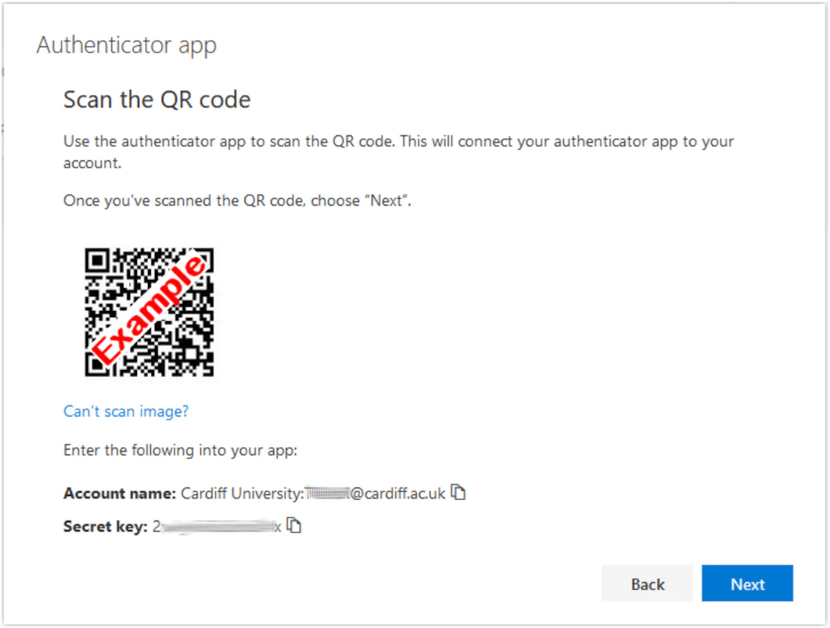 Screenshot of the 'Scan the QR code' screen showing the 'Secret key' information