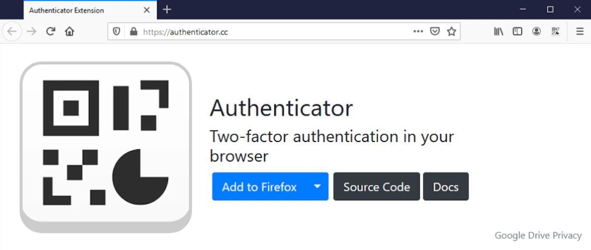 Screenshot of the Authenticator extension home page in Mozilla Firefox