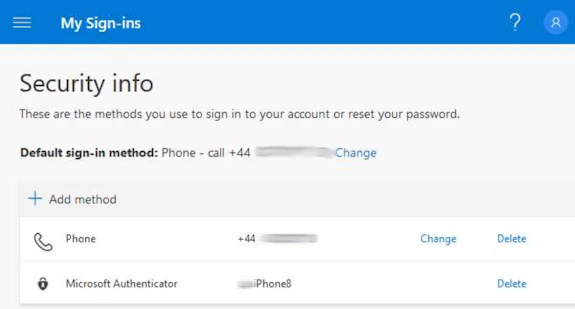 Screenshot of the 'My sign-ins' screen showing the 'Change' option next to your default sign-in method