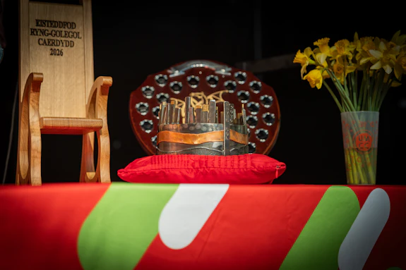 A photo of a metal crown sitting on a red cushion. There is a wooden chair, a shield and a cup of daffodils in the background.
