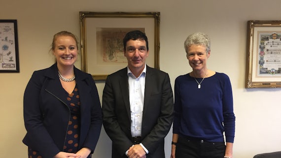 Image of Richard Whipp Scholarship recipient, Hannah Wilton, with Professor Martin Kitchener and Anne Whipp