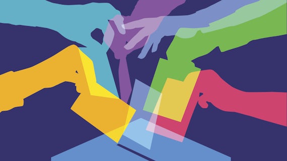 Multicoloured graphic of hands registering votes