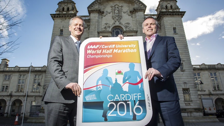 The Vice-Chancellor Professor Colin Riordan and Matt Newman CEO of the IAAF/Cardiff University World Half Marathon Championships Organising Committee