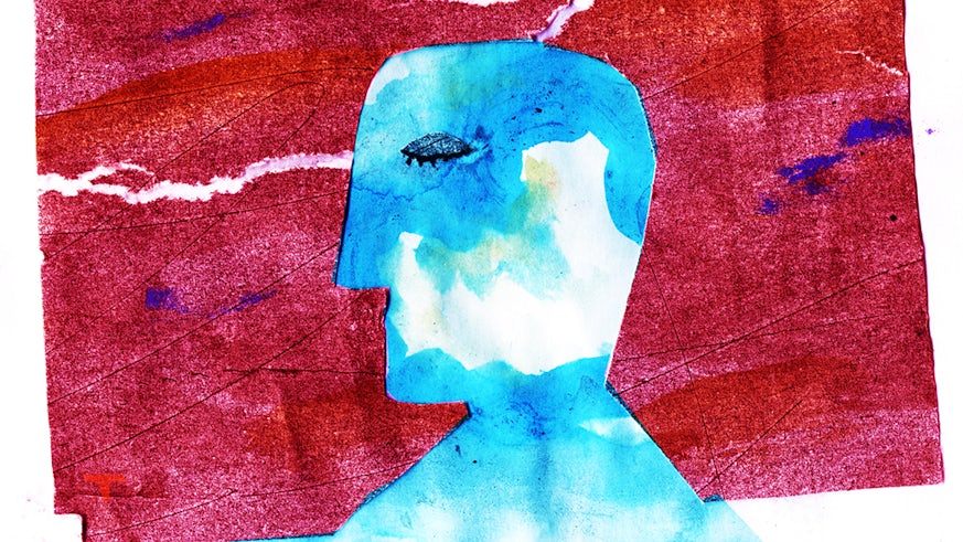 An abstract painting of a person's head in profile