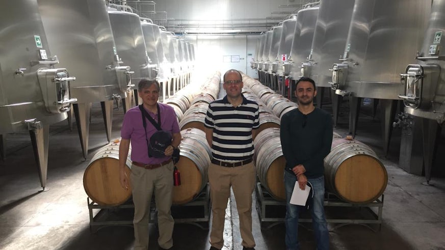 Three men in wine production facility