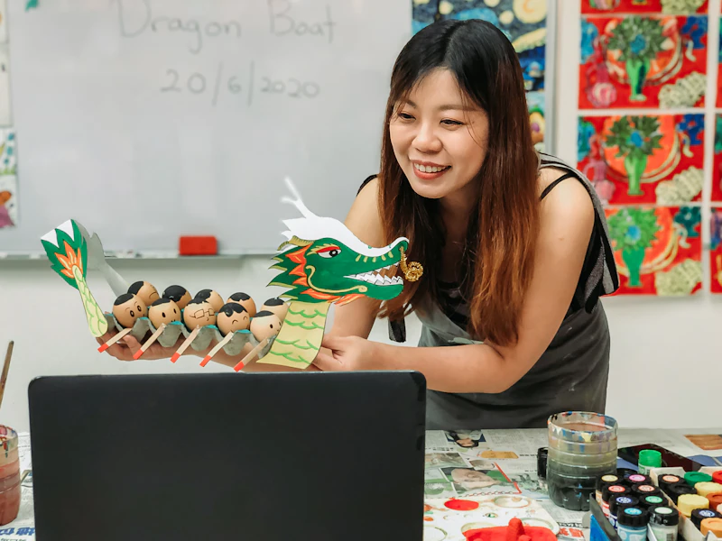 A Chinese teacher delivers a lesson online