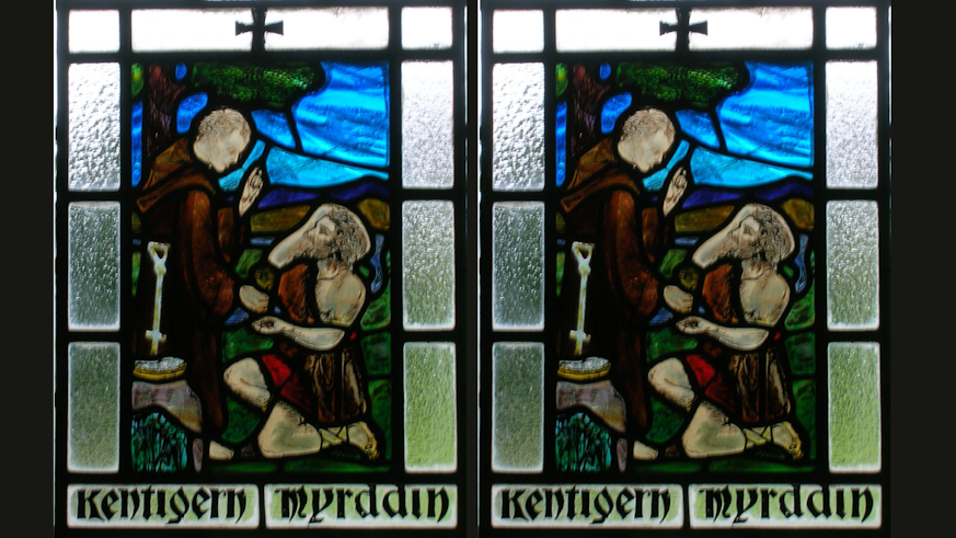 Image of a stained glass window depicting St Kentigern and Myrddin