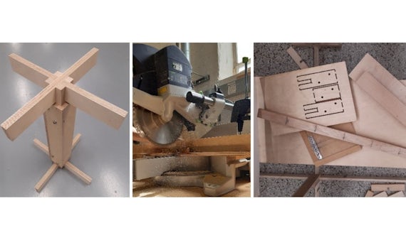 Photographs of a horizontal rail prototype, a close-up of a power tool cutting wood, and components laid out on a table