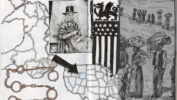 A page showing a map of Wales, a map of the USA, an image of slaves carrying packages on their heads, and chains