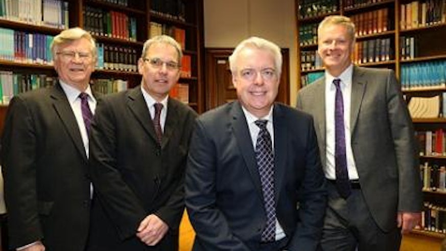 Left to right: Sir Adrian Webb, Chair of PPIW; Professor Steve Martin, Director, PPIW; First Minister, Carwyn Jones; Professor Colin Riordan, Vice-Chancellor, Cardiff University