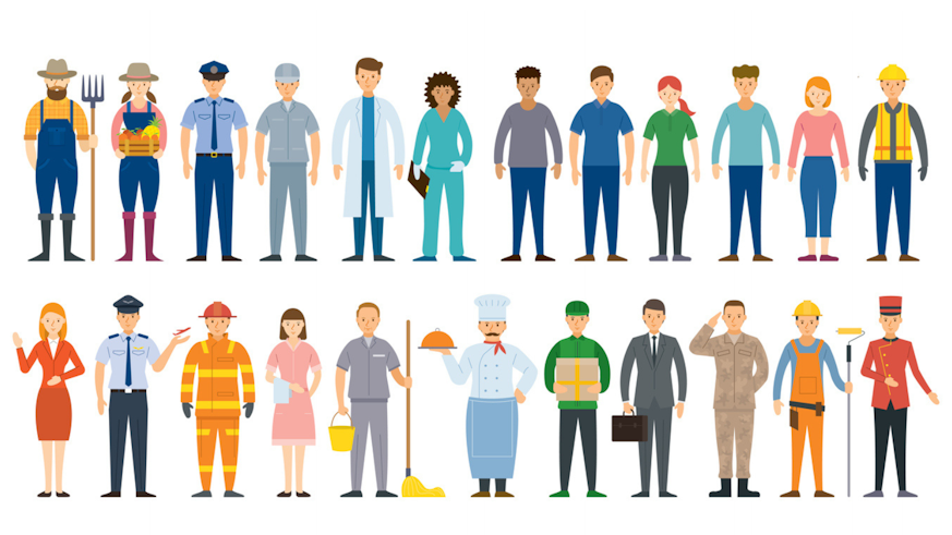 Showing illustrations of people in different professions. For example, office worker, Firefighter, gardener, nurse.