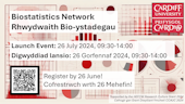 A PowerPoint slide advertising the Biostatistics Network Launch Event in English and Welsh, including a QR code to scan to register to attend the event. Details of the HEFCW Research Culture Grant 2024 funding is noted.