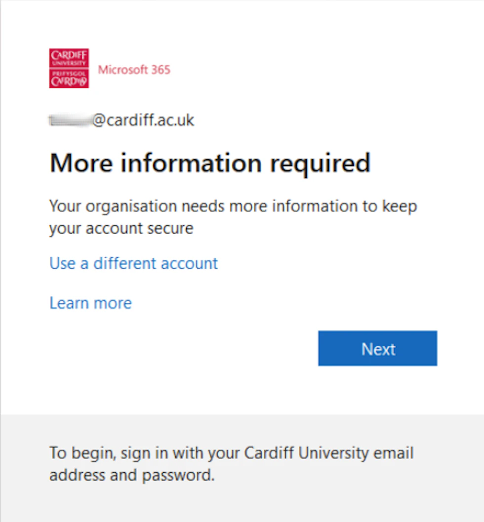 Screenshot of the 'More information required' screen