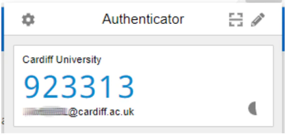 Screenshot of the Authenticator add-on window showing a 6-digit code and your email address