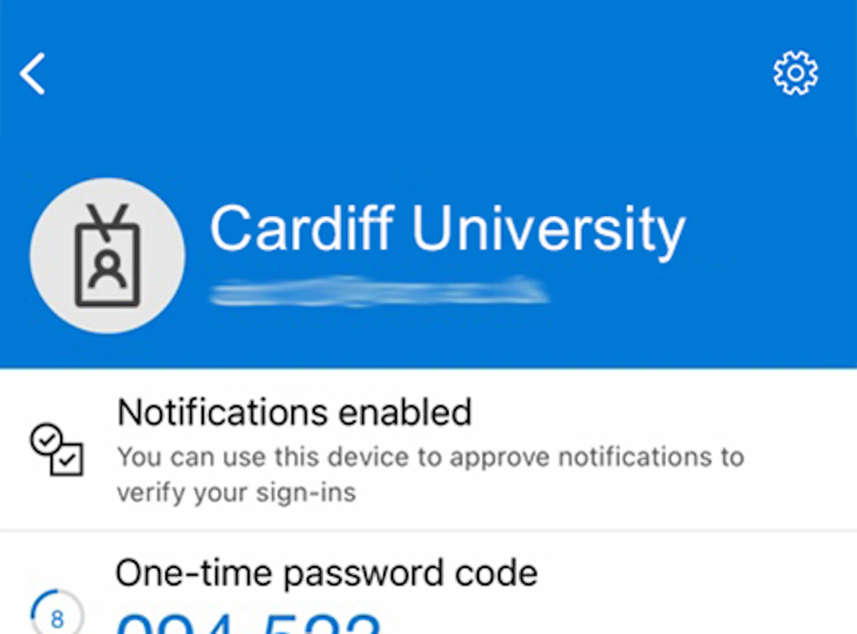 Screenshot of the 'One-time password code' screen showing the cog icon in the top right hand corner