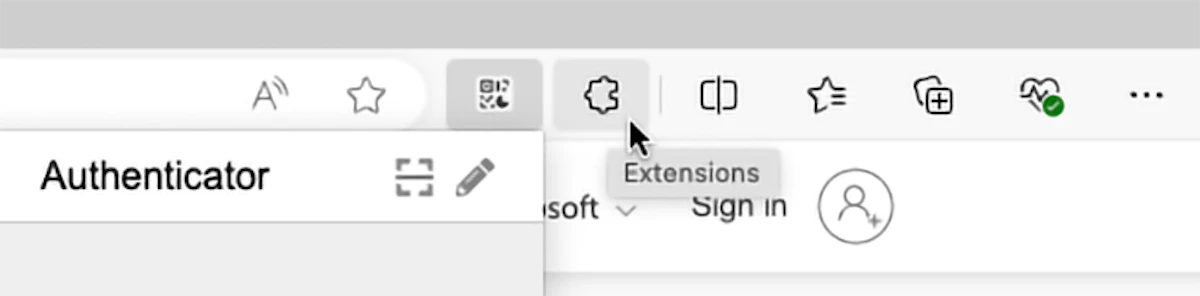 Screenshot of the QR button that opens the Authenticator add-on window, the Extensions button (jigsaw icon) and the three dots on the far right.