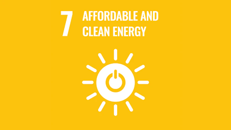 This is a stylised graphic representing the United Nations' Sustainable Development Goal 7: Affordable and Clean Energy.  It features a square, bright yellow background. In the upper left corner, the number 