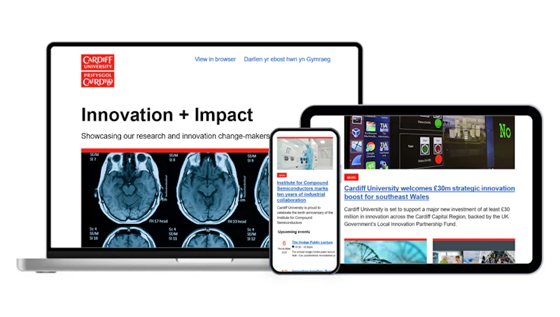 A phone, a laptop and a tablet display different sections of an Innovation and Impact newsletter