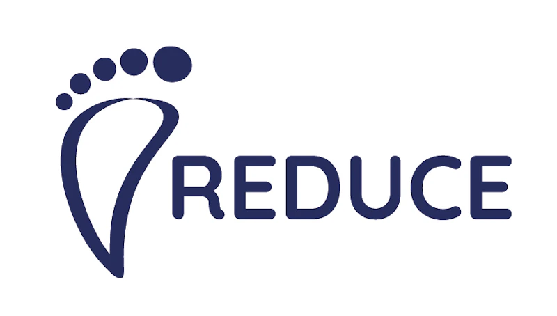 Logo for the project, which is a illustration of a left foot accompanied by the words 'REDUCE' to its right.
