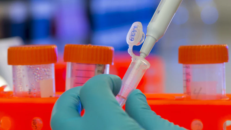 Blue gloved hand holding a container and syringe