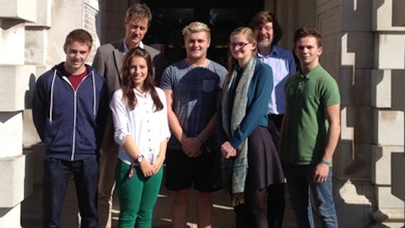 Pictured: Back Row: Prof Rudolf Allemann (Head of School) and Dr Chris Morley (Director of Learning and Teaching). Front Row: Andrew Jones, Juliet Heaton, Tom Lambourn, Kathryn Dickins and Alexander Lander.