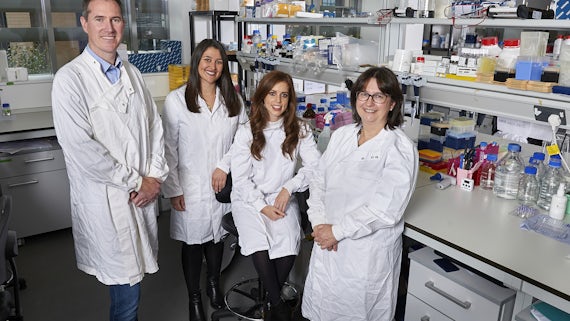 Dr Toby Phesse in his lab with Chloe Austin, Sarah Koushyar and Valarie Meniel