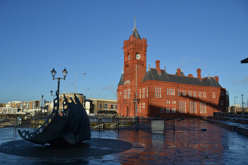 The red bricked Pierhead Building in Cardiff Bay on a sunny day. 