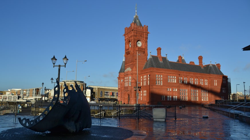The red bricked Pierhead Building in Cardiff Bay on a sunny day. 