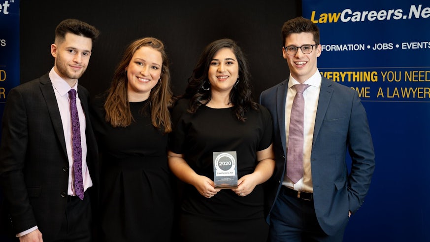 Cardiff Law Society represented by Tom Eastment (Careers Liaison), Annalie Greasby (Secretary), Bella Gropper (President) and Joe Del Principe (Treasurer)