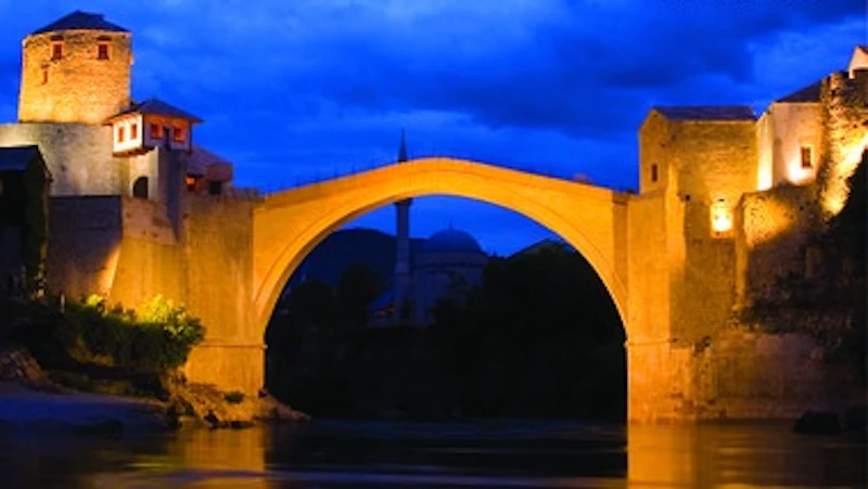 Bridge lit up at night