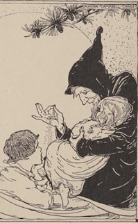 Illustration of the Sandman cradling a sleeping child