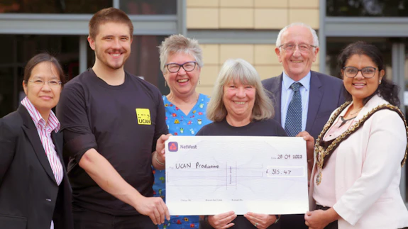 eft to Right: Professor Joy Myint, Director of Learning and Teaching, Jack Fowler, Dr Maggie Woodhouse OBE, Jane Latham, Co-Founder and Development Director of UCAN Productions, Professor John Wild, Head of School, Right Honorable Lord Mayor Councilor Dr Bablin Molik