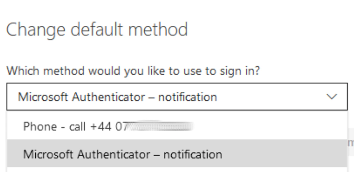 Screenshot of the 'Change default method' screen