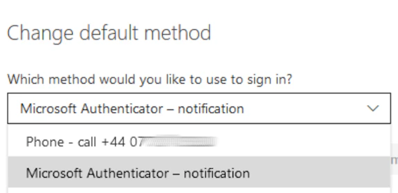 Screenshot of the 'Change default method' screen