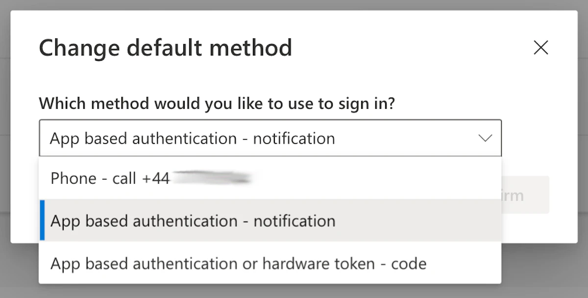 Screenshot of the 'Change default method' screen showing the 'App based authentication – notification' from the list of options