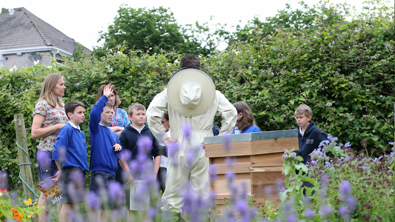 School children listening to a beekeeper talk