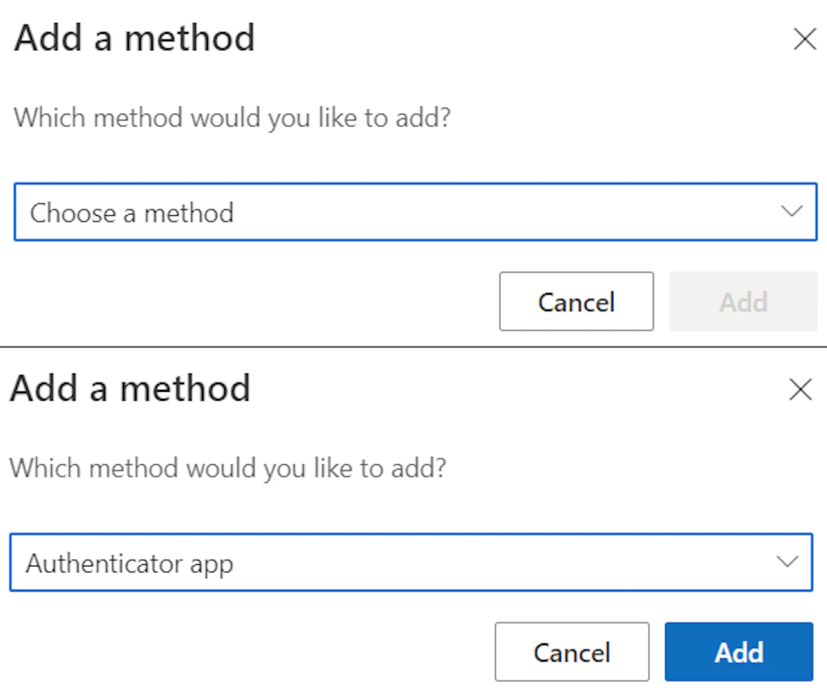 Screenshot of the 'Add a method' screen showing the Authenticator app option.