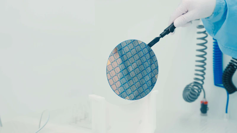 A gloved technician holding a silicon wafer with microchips in a cleanroom environment.
