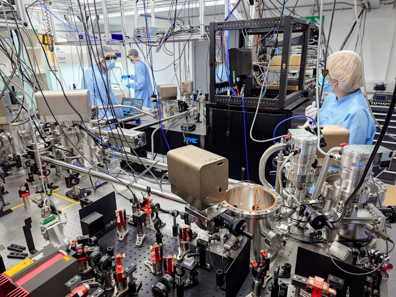 A team of scientists are photographed in the lab wearing PPE conducting an experiment with lots of technological equipment including lenses, mirrors and lasers.