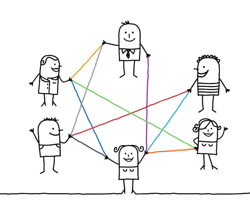 Animated characters connected by web