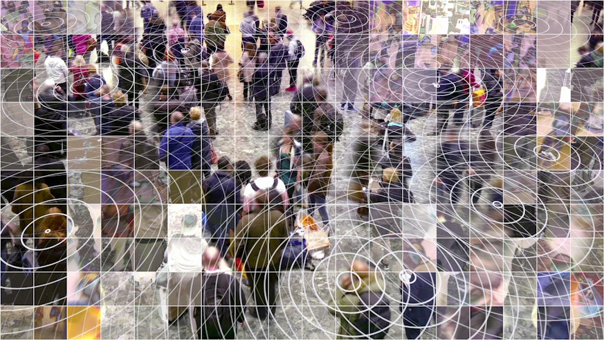 Crowd of people overlayed with radiowave grid