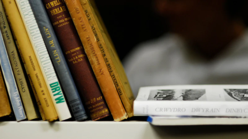 A collection of Welsh language books on a library shelf. 
