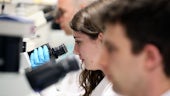 researchers at microscope