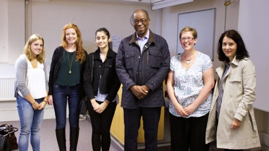 Luis Bernardo Honwana with staff and students from the School of Modern Languages