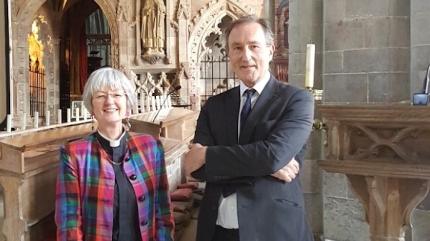 Professor Norman Doe with the Dean of St David's Cathedral, The Very Rev'd Dr Sarah Rowland Jones.