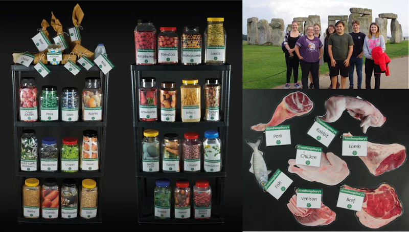 Various contents of Stonehengebury’s shop and a group of participants.